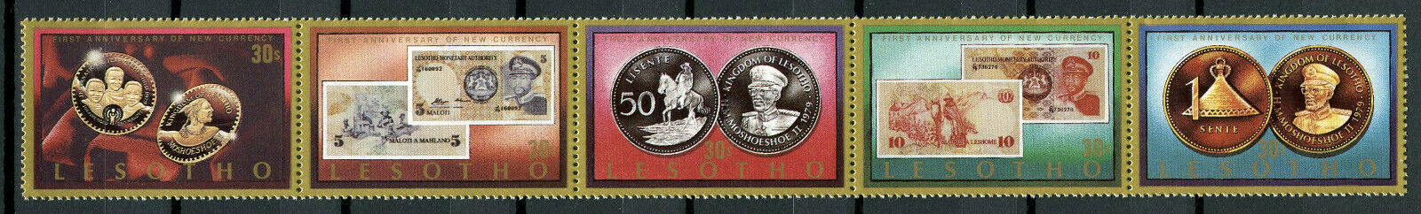 Lesotho Numismatics Stamps 1986 MNH New Currency Coins Bank Notes 5v Strip