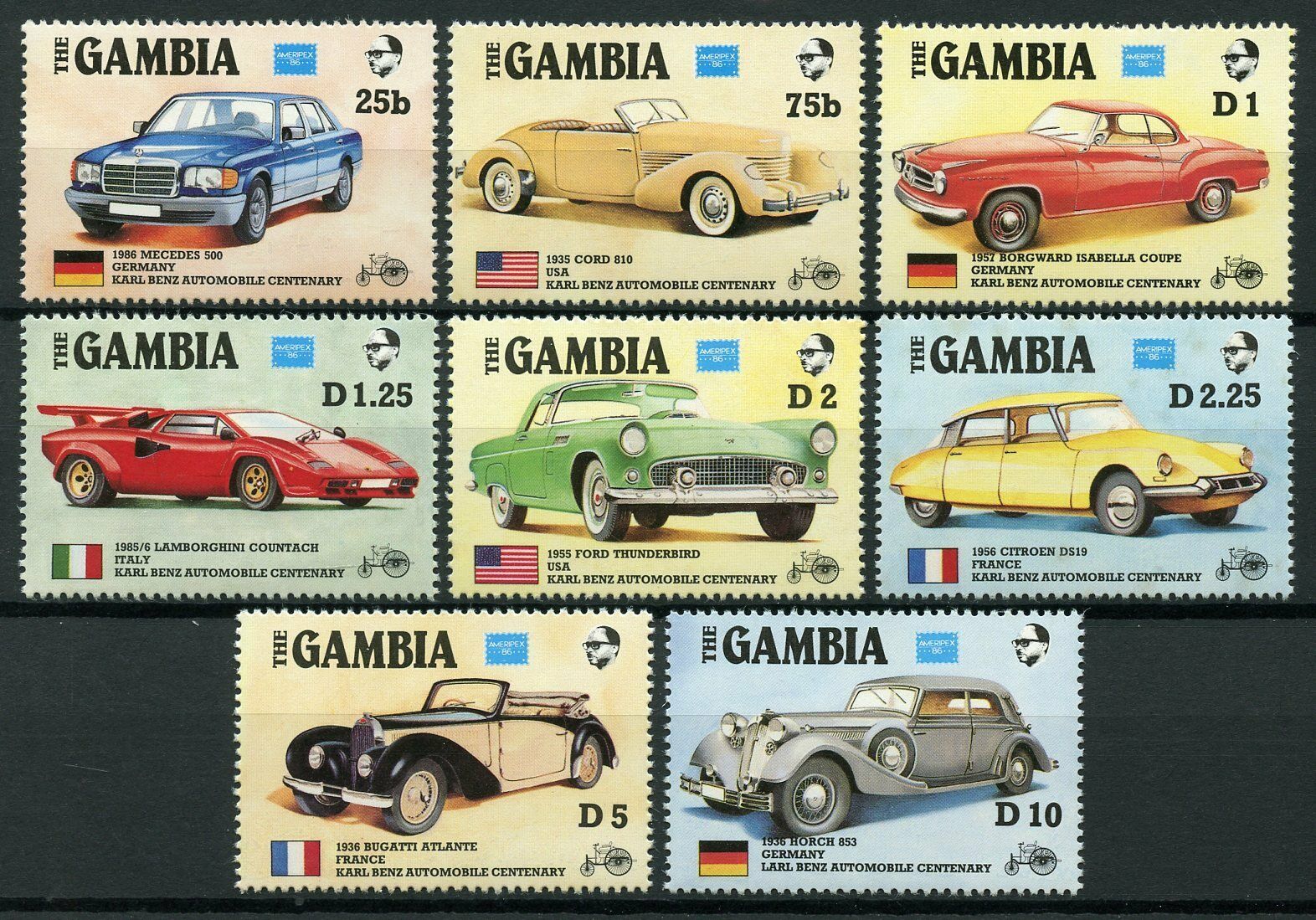 Gambia Cars Stamps 1986 MNH Ford Mercedes Lamborghini Bugatti Citroen 8v Set