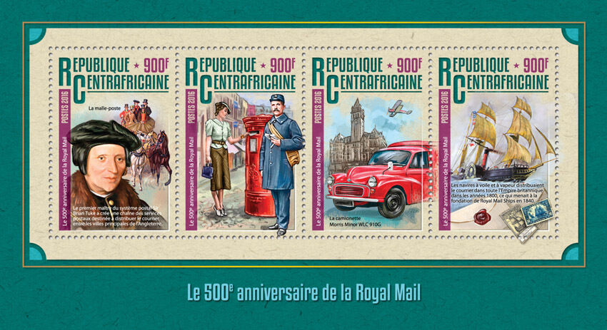 Central African Rep 2016 MNH Royal Mail 500th 4v M/S Ships Pillar Boxes Stamps