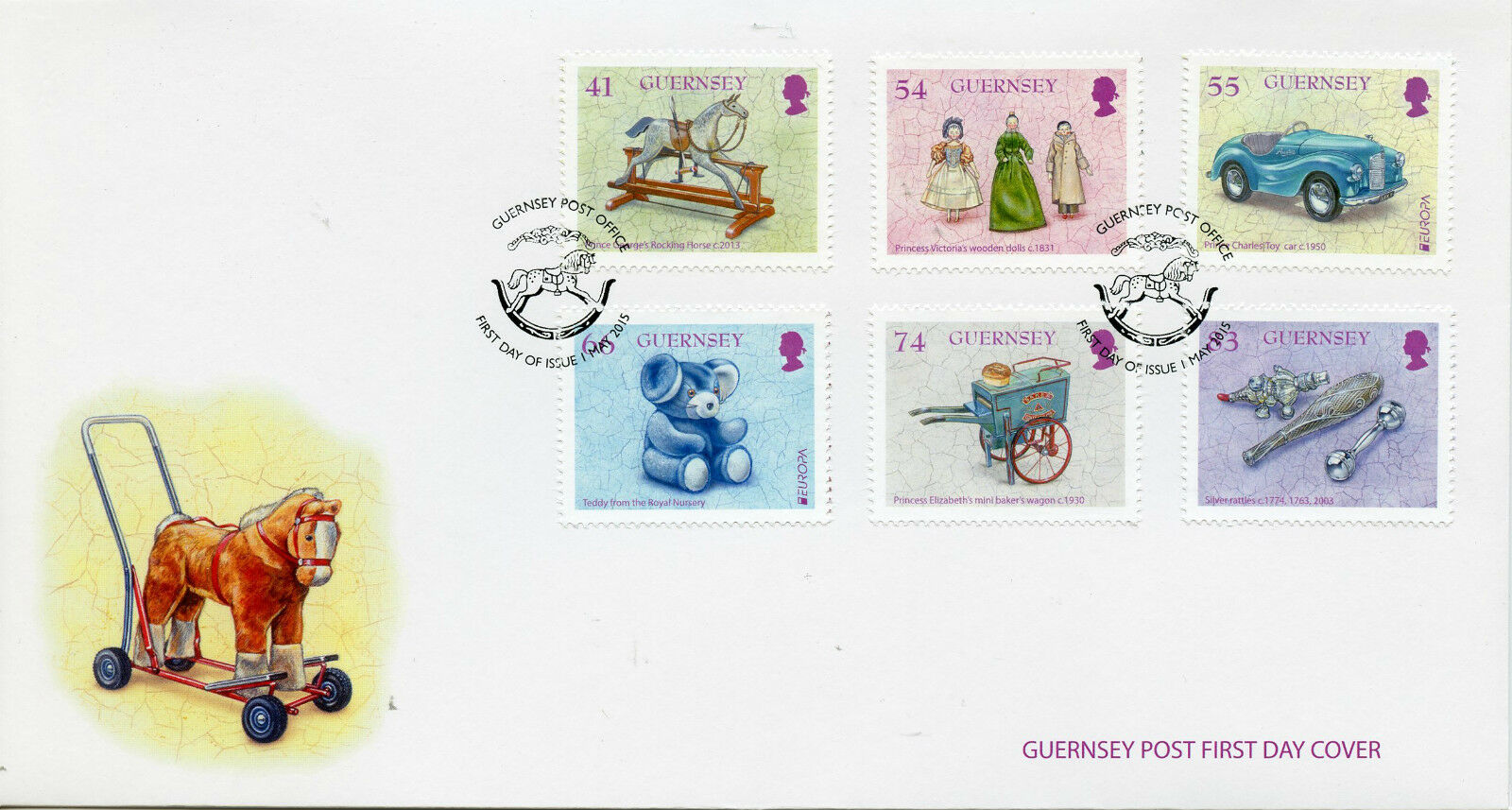 Guernsey 2015 FDC Old Toys Europa 6v Set Cover Royalty Cars Dolls Teddy