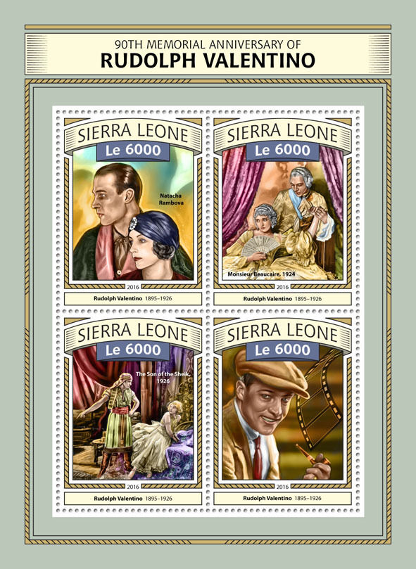 Sierra Leone 2016 MNH Rudolph Valentino 90th Memorial 4v M/S Film Movies Stamps