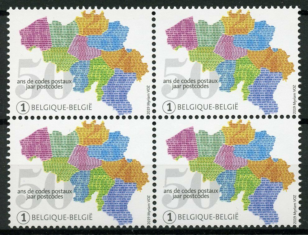 Belgium 2019 MNH Postal Codes 50 Years 4v Block Maps Postal Services Stamps