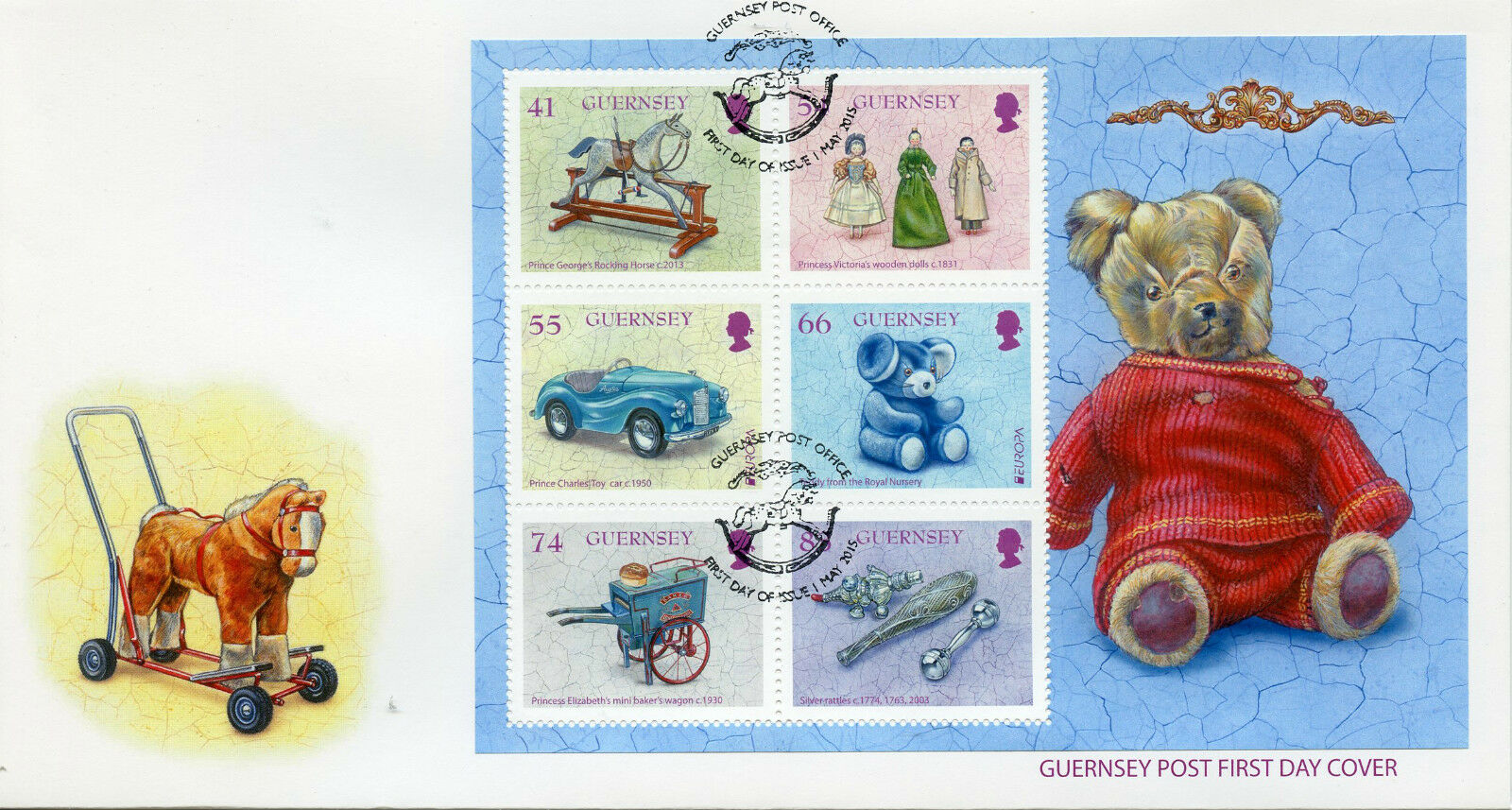 Guernsey 2015 FDC Old Toys Europa 6v M/S Cover Royalty Cars Dolls Teddy