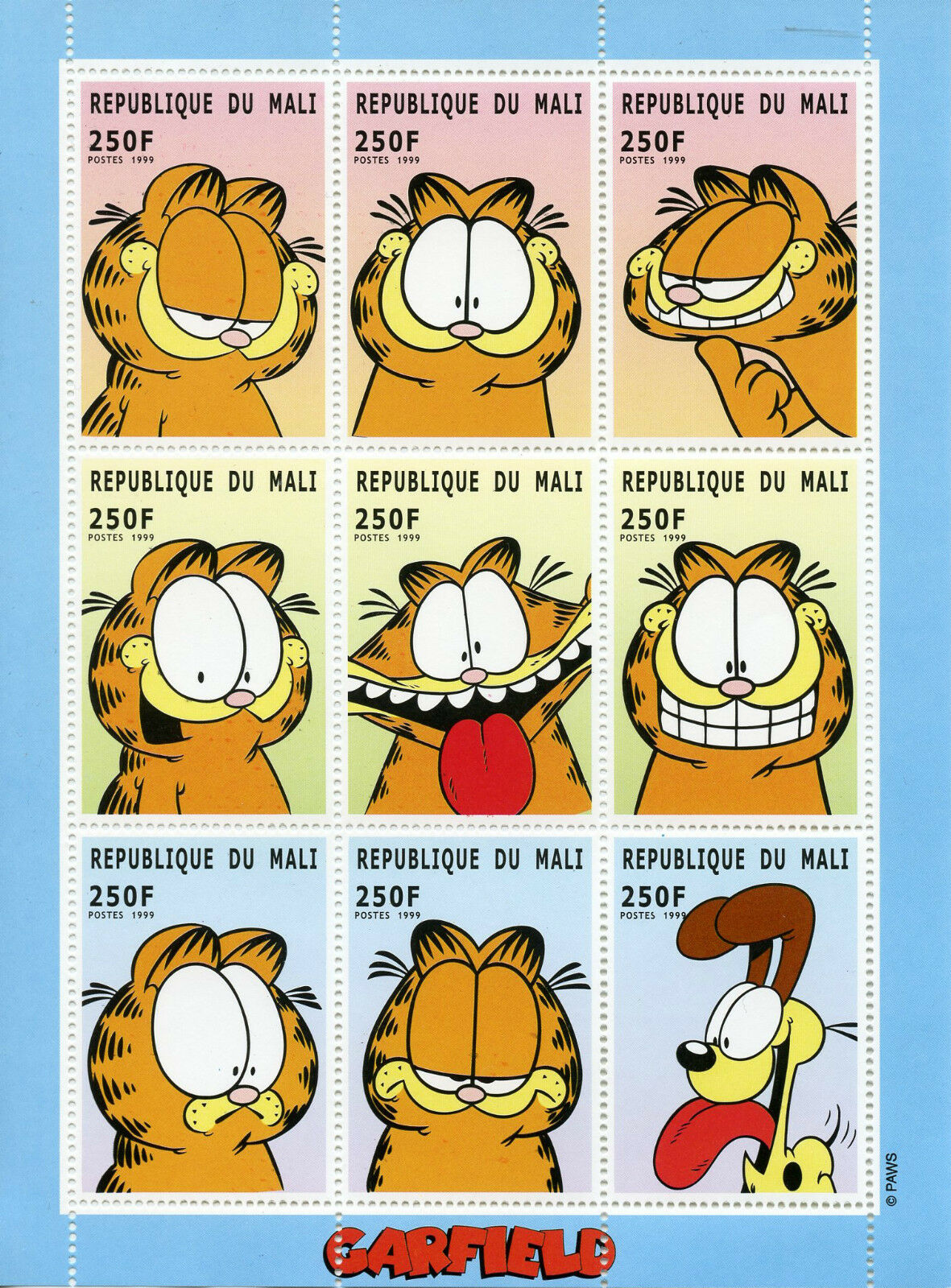 Mali 1999 MNH Cartoons Stamps Garfield Cats Odie Dogs Comics 9v M/S
