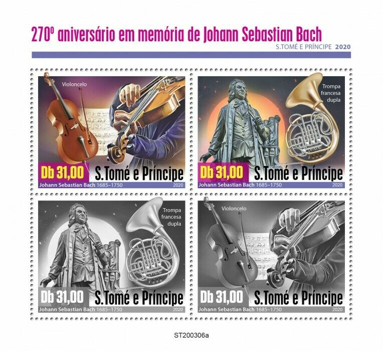 Sao Tome & Principe Music Stamps 2020 MNH Johann Sebastian Bach Composers 4v M/S
