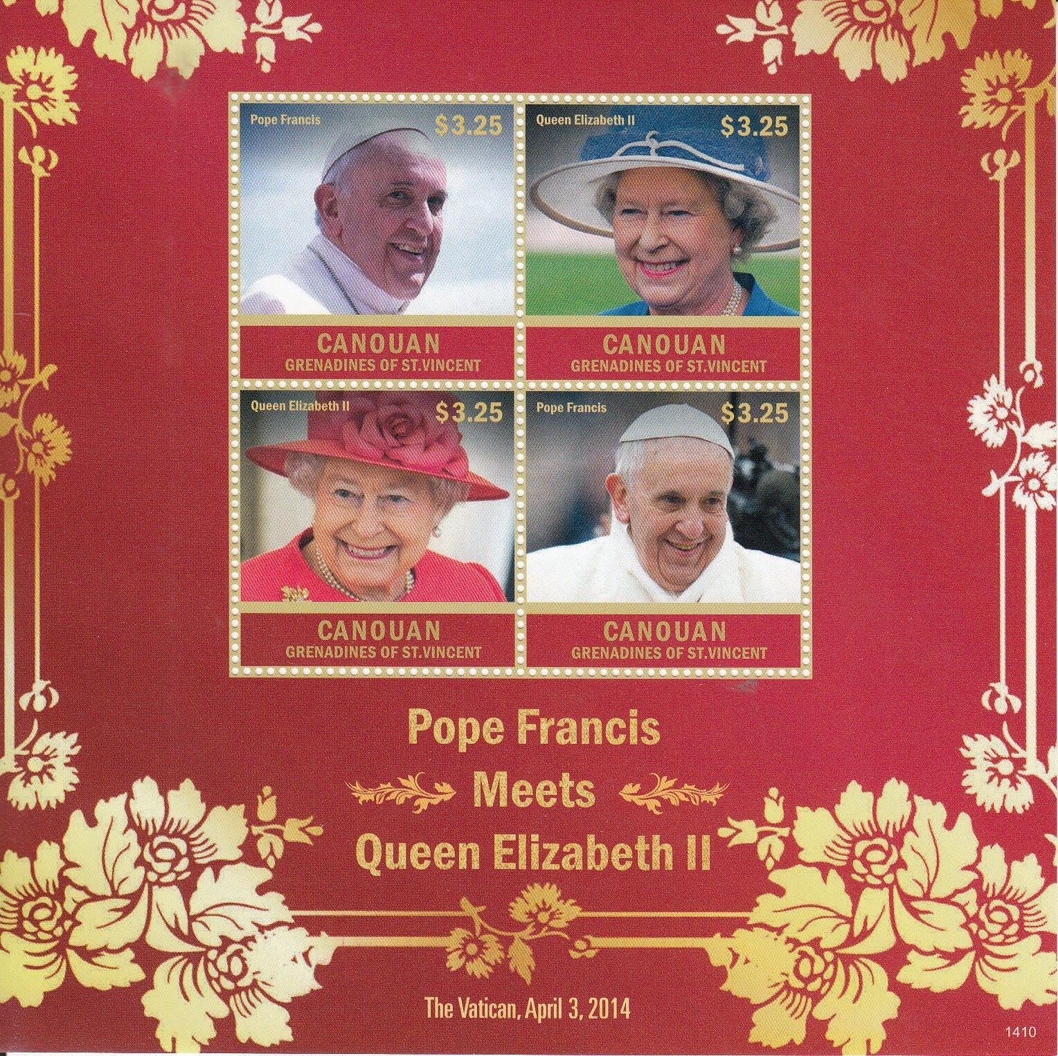 Canouan Gren St Vincent 2014 MNH Religion Stamps Pope Francis Queen Elizabeth II 4v M/S I
