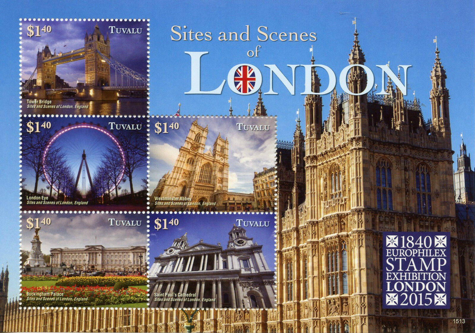 Tuvalu Stamps 2015 MNH Sites & Scenes London Europhilex Tower Bridge 5v M/S