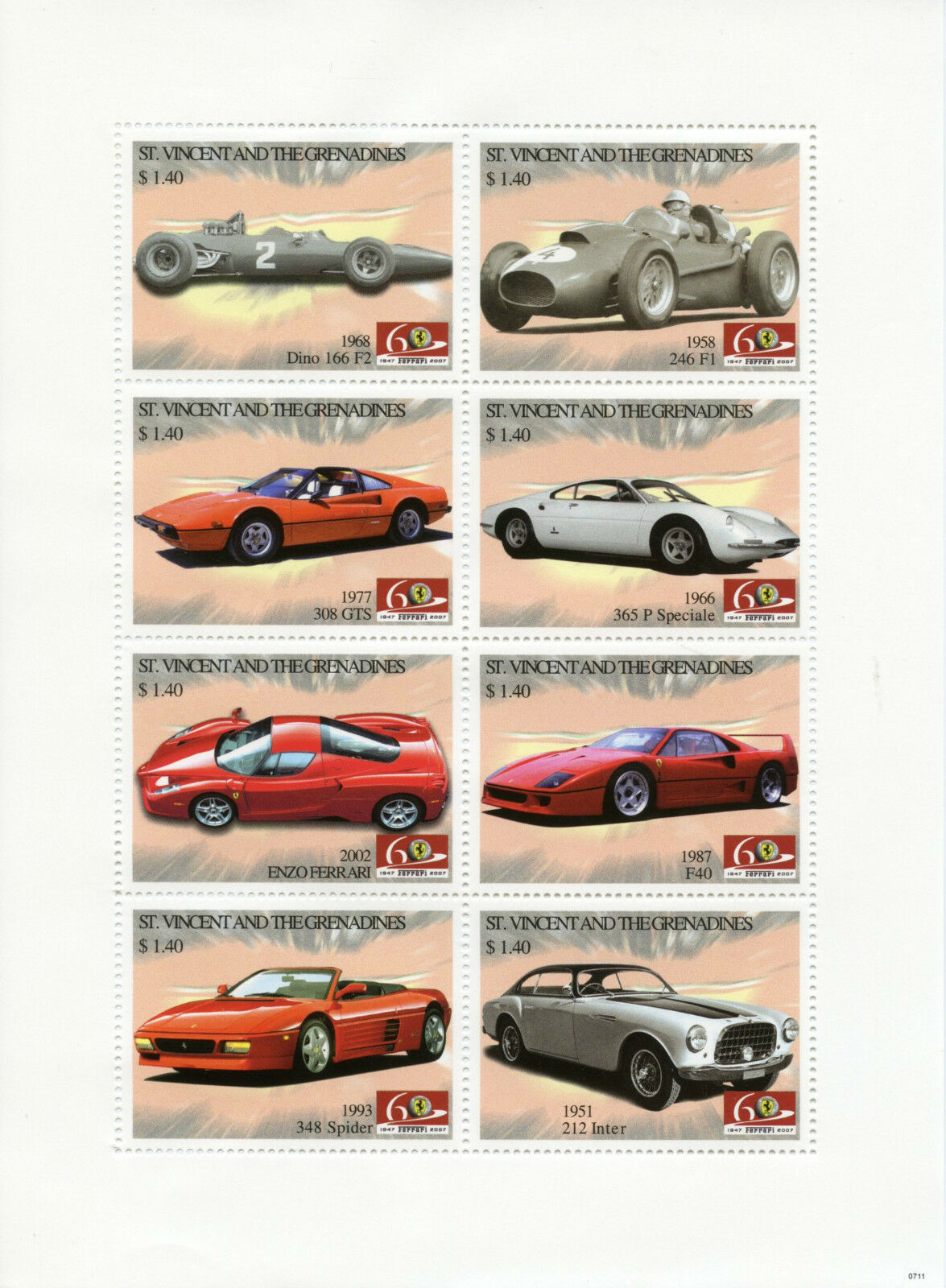 St Vincent & Grenadines Cars Stamps 2007 MNH Ferrari Classics F40 Spider 8v M/S