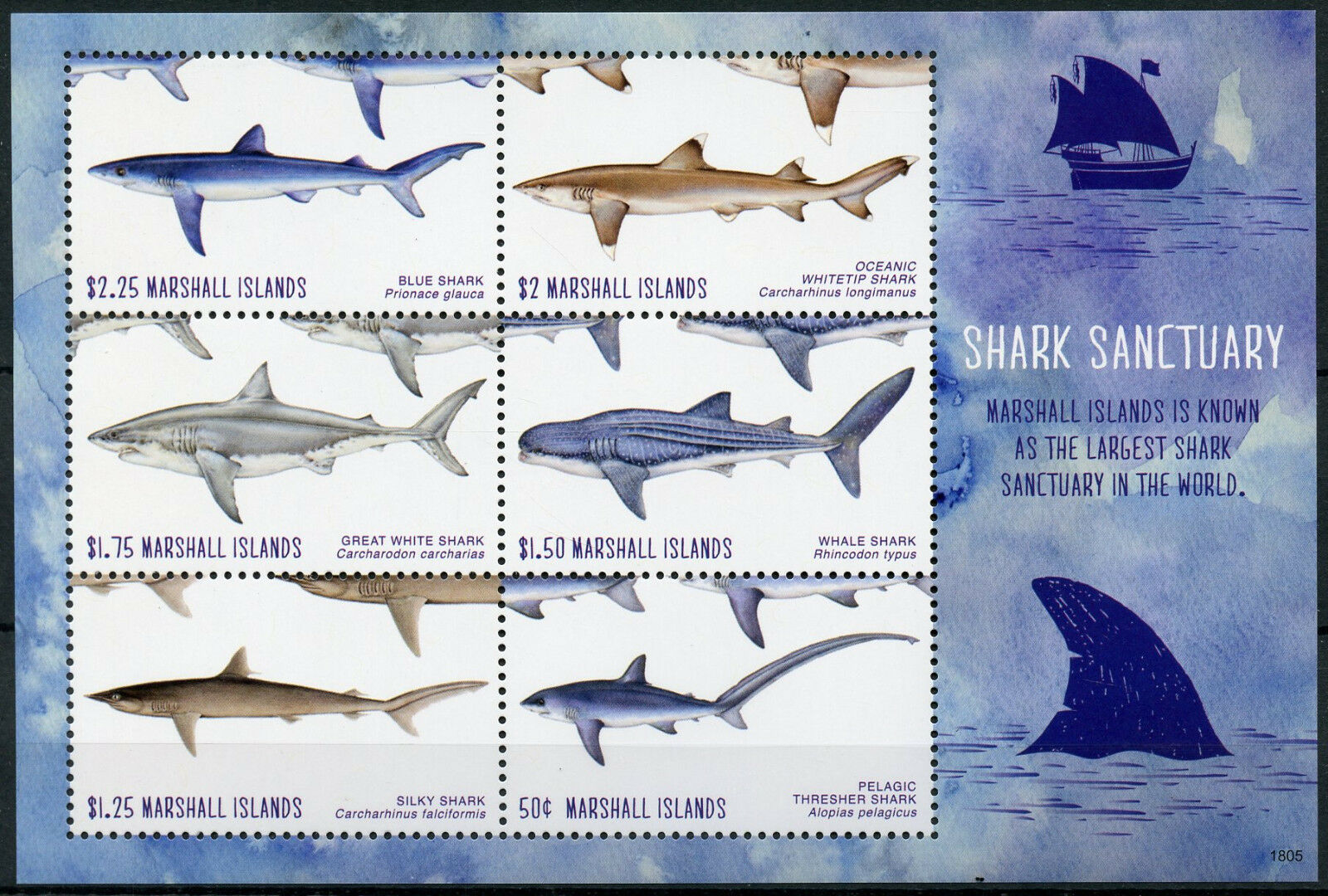 Marshall Islands 2018 MNH Marine Animals Stamps Sharks Great White Whale Shark Sanctuary 6v M/S