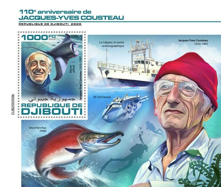 Djibouti 2020 MNH People Stamps Jacques-Yves Cousteau Diving Nautical Boats Fish 1v S/S