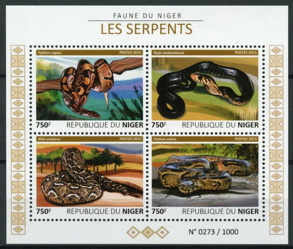 Niger Reptiles Stamps 2015 MNH Snakes Pythons Vipers Cobras Fauna 4v M/S