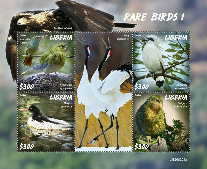 Liberia Rare Birds on Stamps 2020 MNH Part I Ducks Parrots Cranes Kakapo 4v M/S