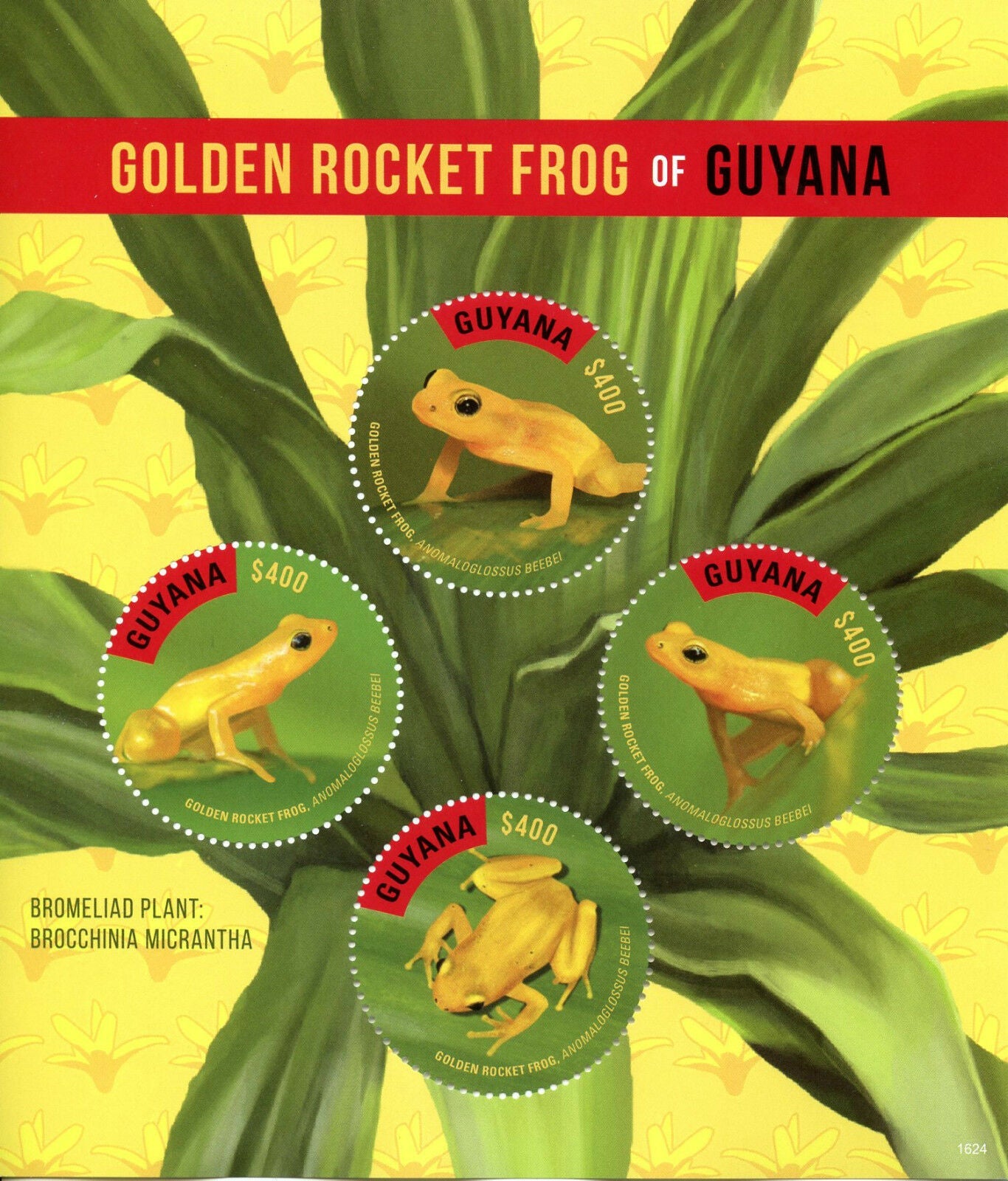 Guyana 2016 MNH Amphibians Stamps Golden Rocket Frog Frogs Bromeliads 4v M/S