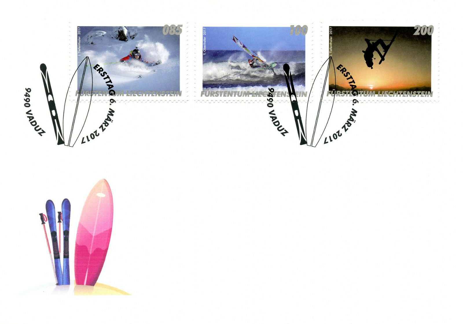 Liechtenstein 2017 FDC Outdoor Sports Skiing Surfing Windsurfing 3v Cover Stamps