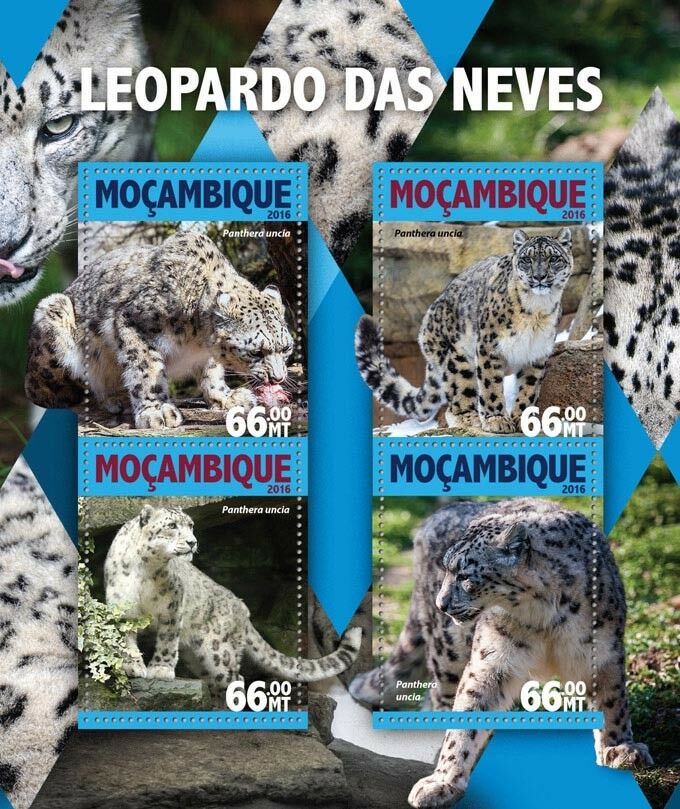Mozambique 2016 MNH Snow Leopard Leopards 4v M/S Big Cats Wild Animals Stamps