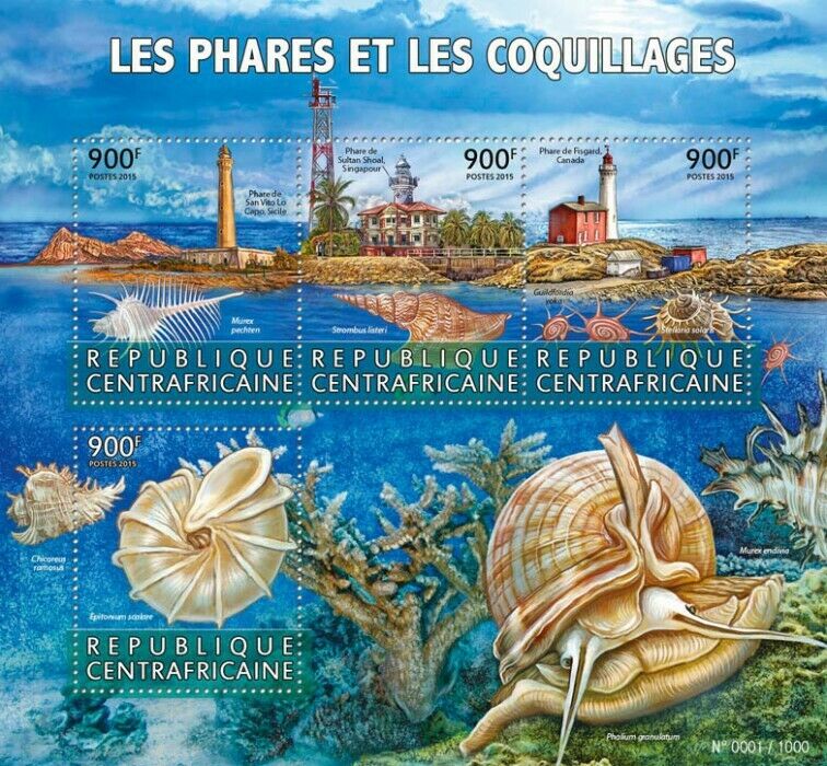 Central African Republic Stamps 2015 MNH Lighthouses & Seashells Shells 4v M/S