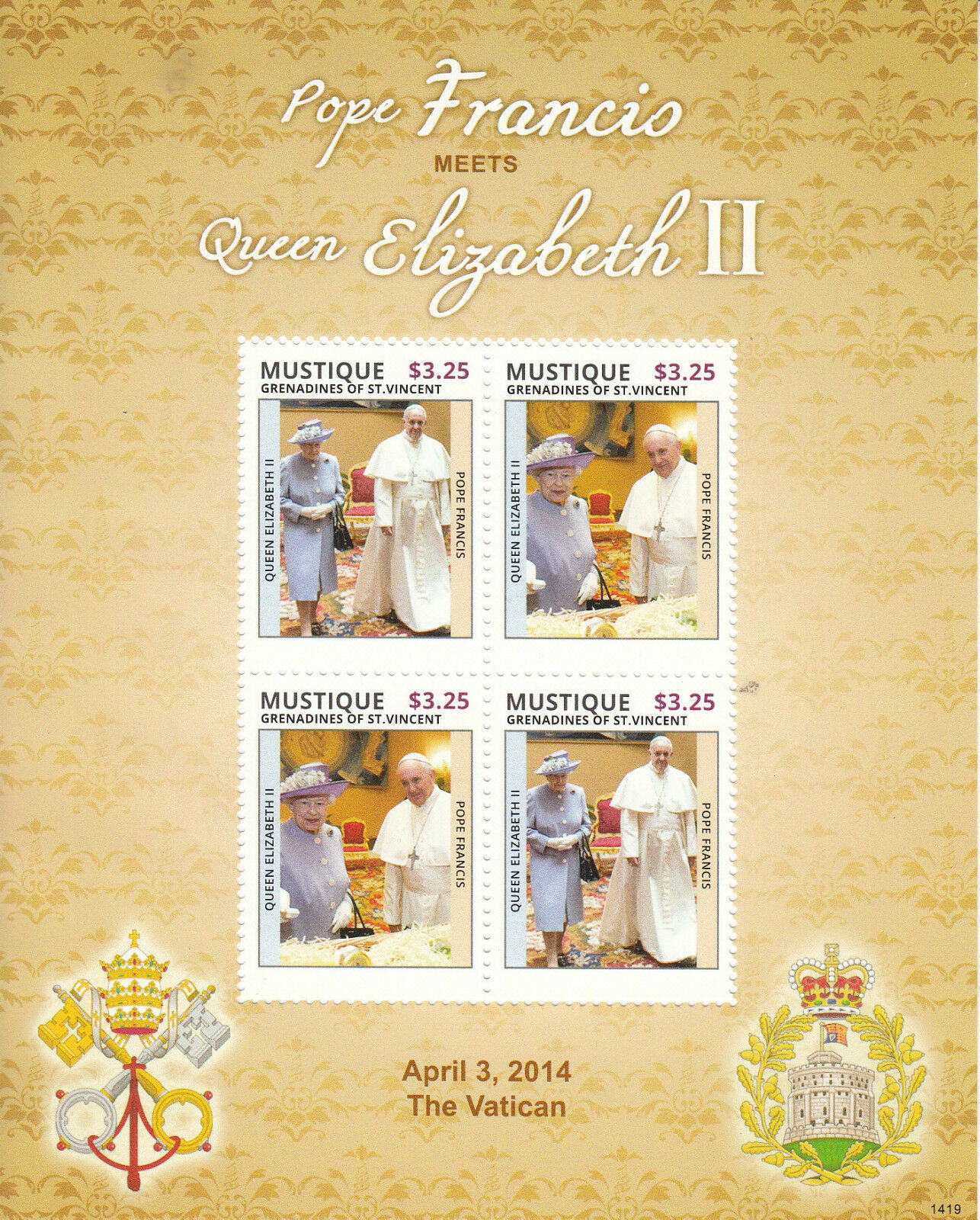Mustique Grenadines St Vincent 2014 MNH Pope Francis Queen Elizabeth II 4v M/S I