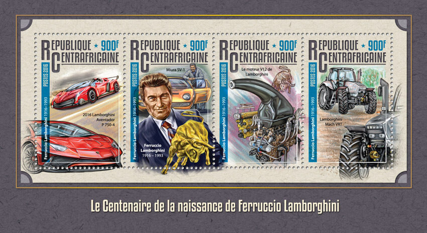 Central African Rep 2016 MNH Ferruccio Lamborghini Birth Cent 4v M/S Cars Stamps