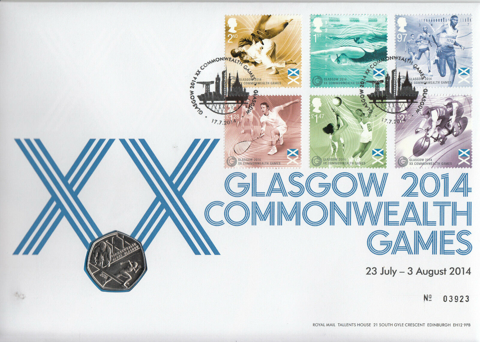 GB 2014 FDC Glasglow XX Commonwealth Games 6v Set 50p Coin Cover Tennis Cycling
