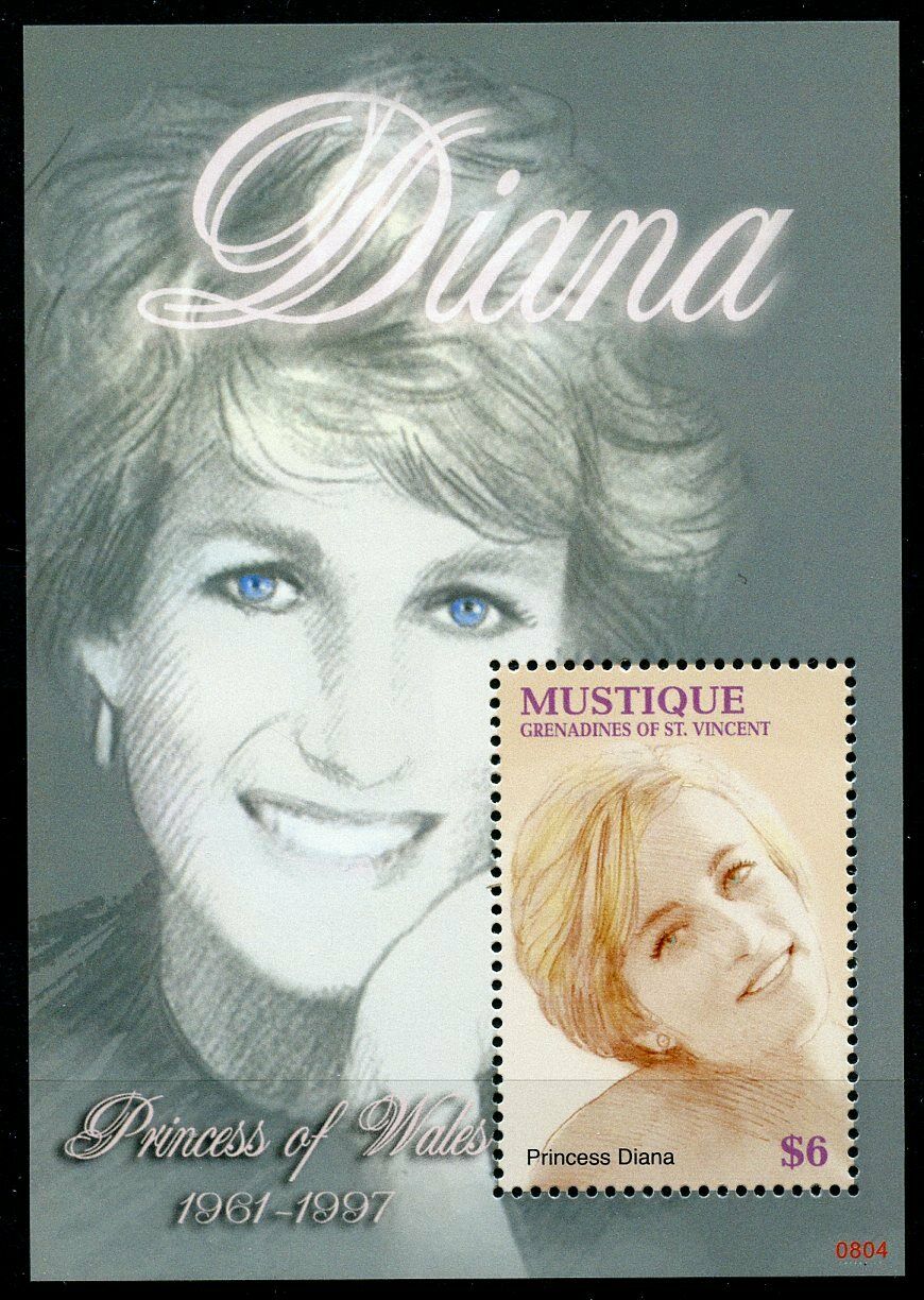 Mustique Gren St Vincent 2008 MNH Royalty Stamps Princess Diana 1961-1997 1v S/S