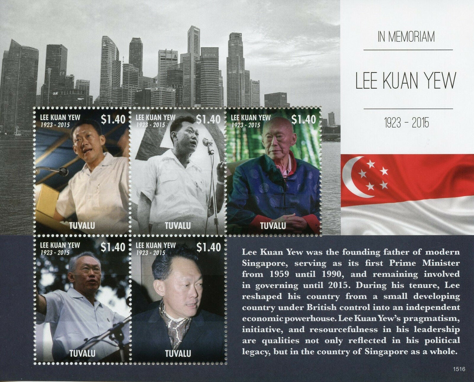 Tuvalu 2015 MNH Politicians Stamps Lee Kuan Yew in Memoriam Prime Minister Singapore 5v M/S