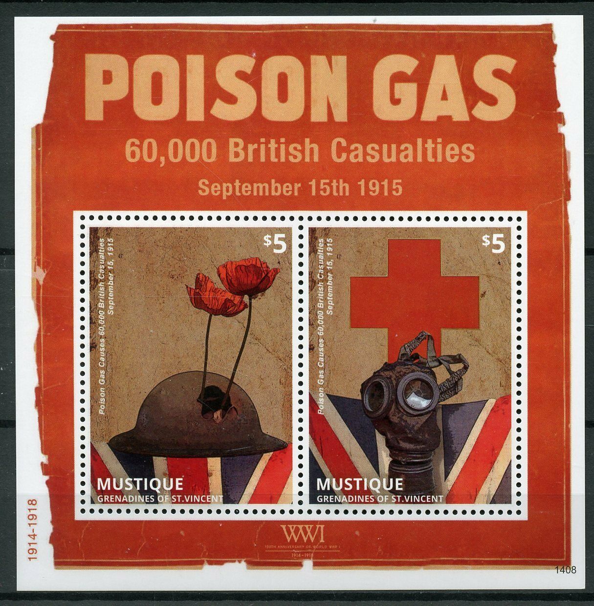 Mustique Gren St Vincent Military & War Stamps 2014 MNH WWI WW1 Poison Gas 2v SS