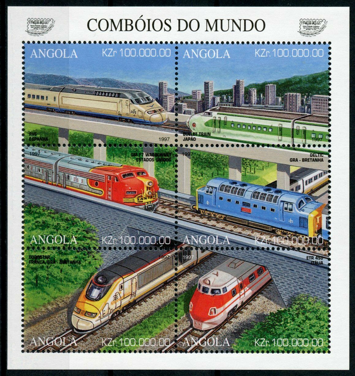 Angola Trains of World Stamps 1997 MNH High-Speed Railways Rail 6v M/S I