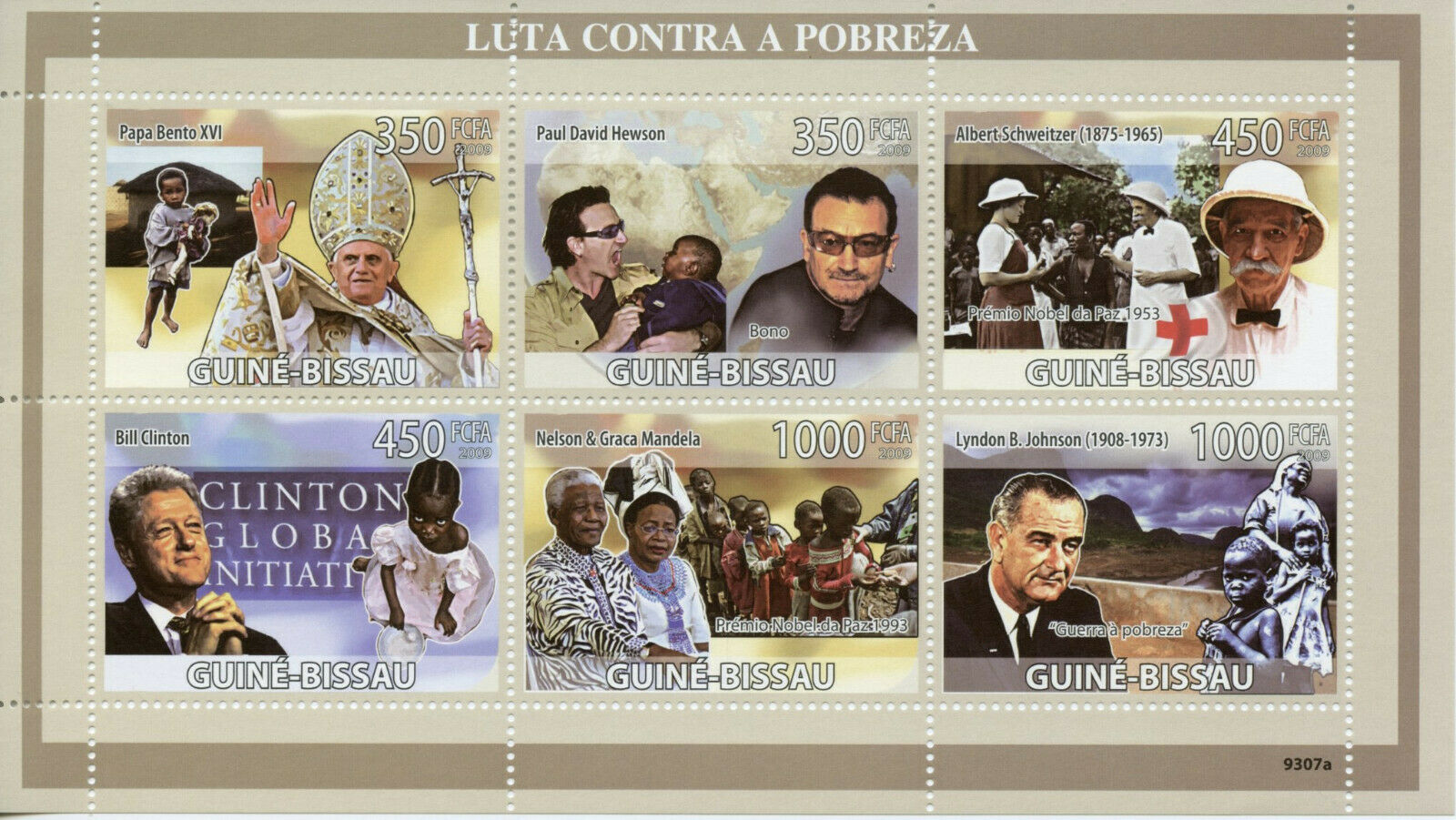 Guinea-Bissau Famous People Stamps 2009 MNH Mandela Schweitzer Clinton 6v M/S