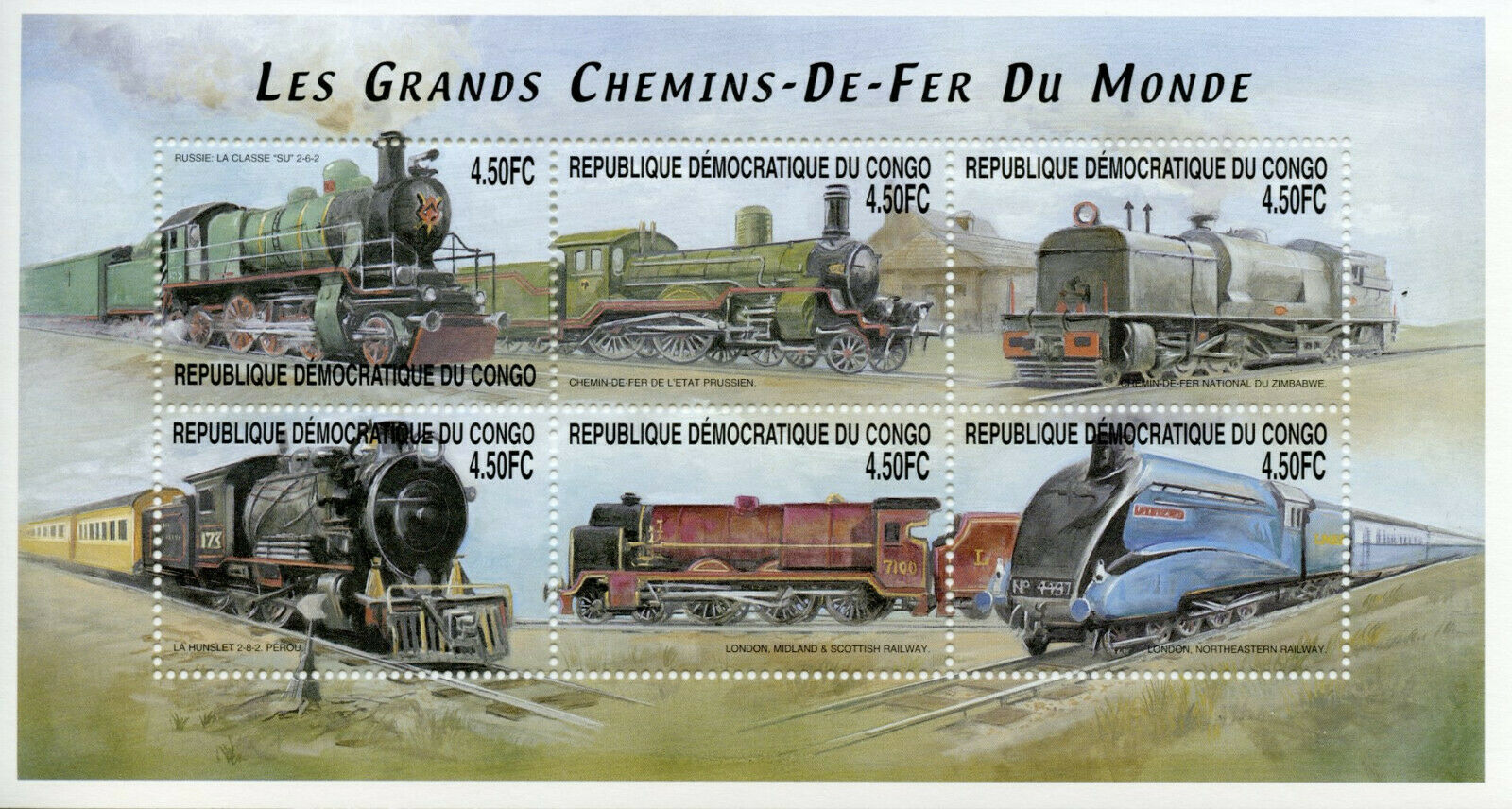 Congo 2001 MNH Trains Stamps Steam Engines Locomotives Railways Rail 6v M/S VI