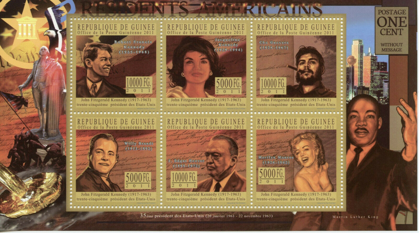 Guinea US Presidents Stamps 2011 MNH JFK John F Kennedy Marilyn Monroe 6v M/S