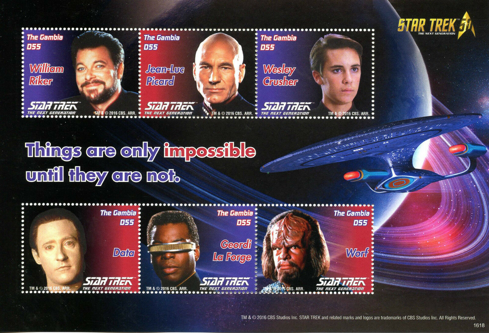 Gambia 2016 MNH Star Trek 50th The Next Generation 6v M/S II Riker Picard Stamps