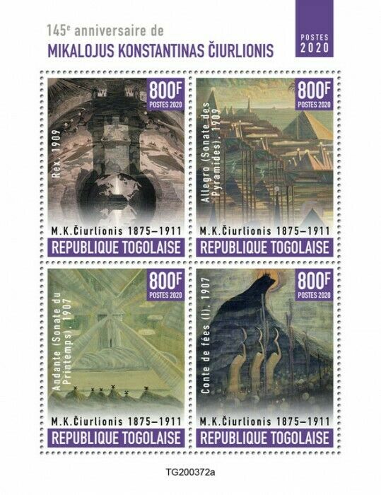 Togo Art Stamps 2020 MNH Mikalojus Konstantinas Ciurlionis Paintings 4v M/S