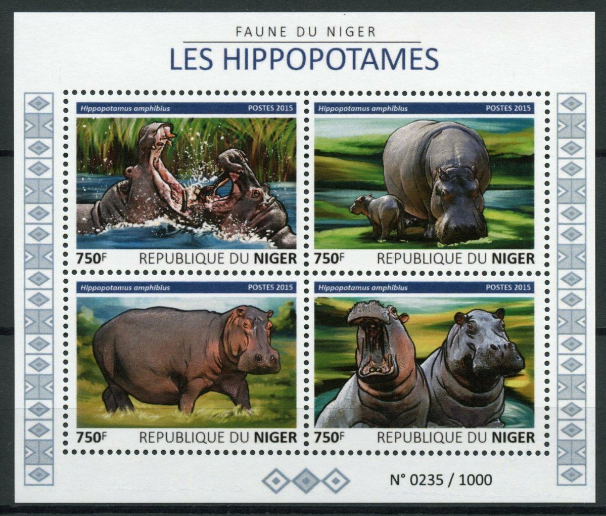 Niger Wild Animals Stamps 2015 MNH Hippopotamus Hippos Fauna 4v M/S