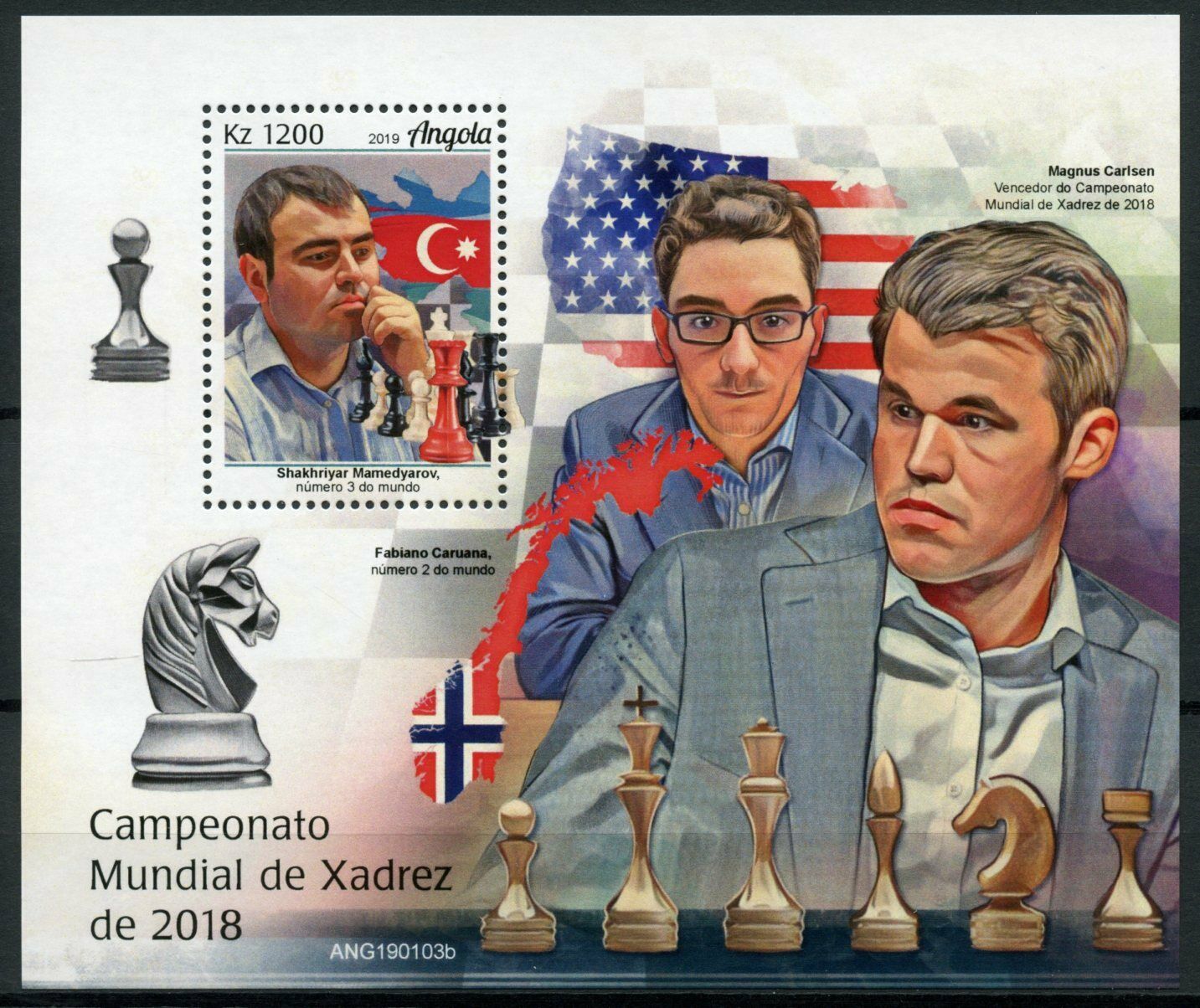 Angola Chess Stamps 2019 MNH World Championship Magnus Carlsen Caruana 1v M/S