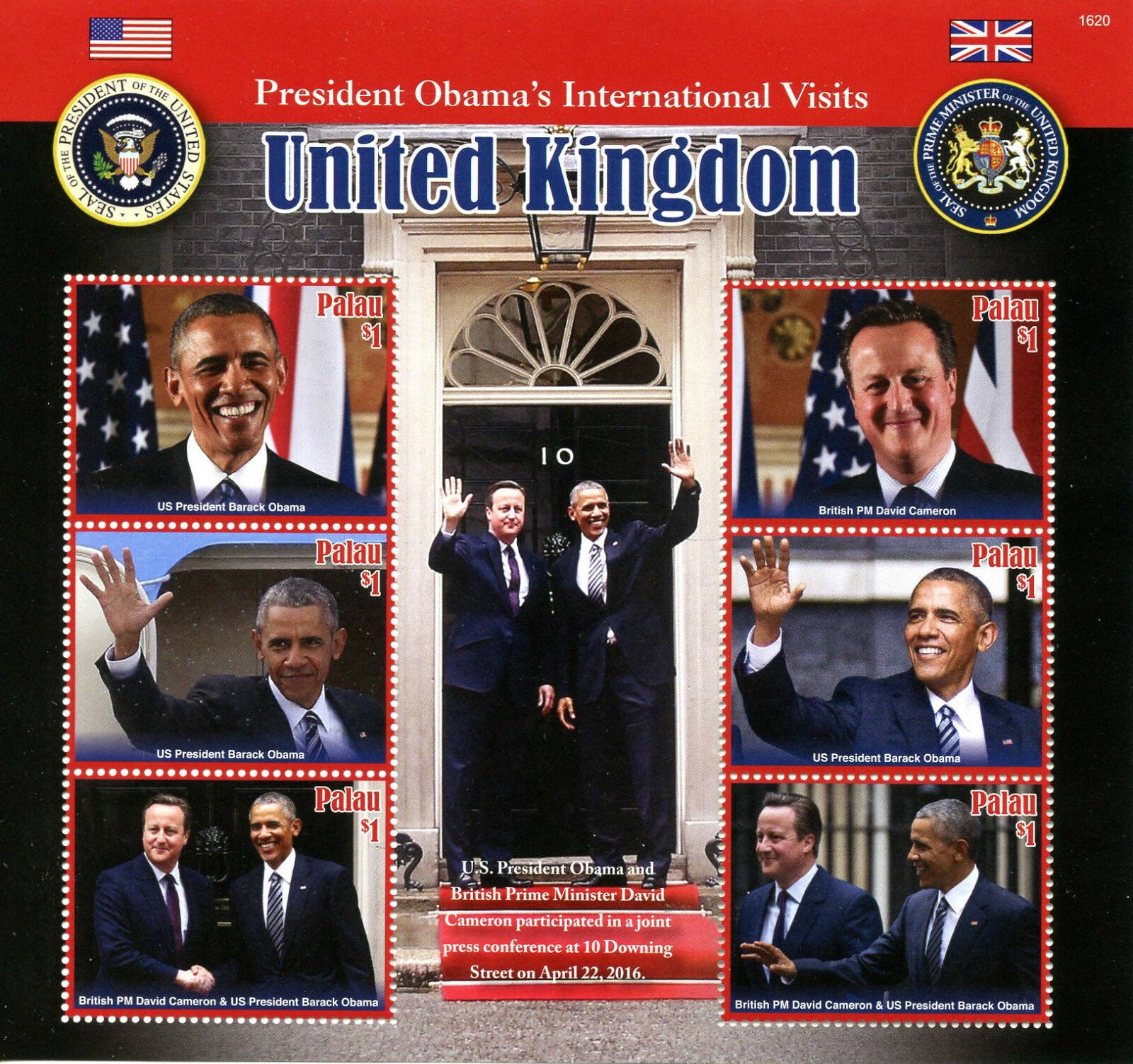 Palau 2016 MNH US President Barack Obama Visits UK 6v M/S David Cameron Stamps