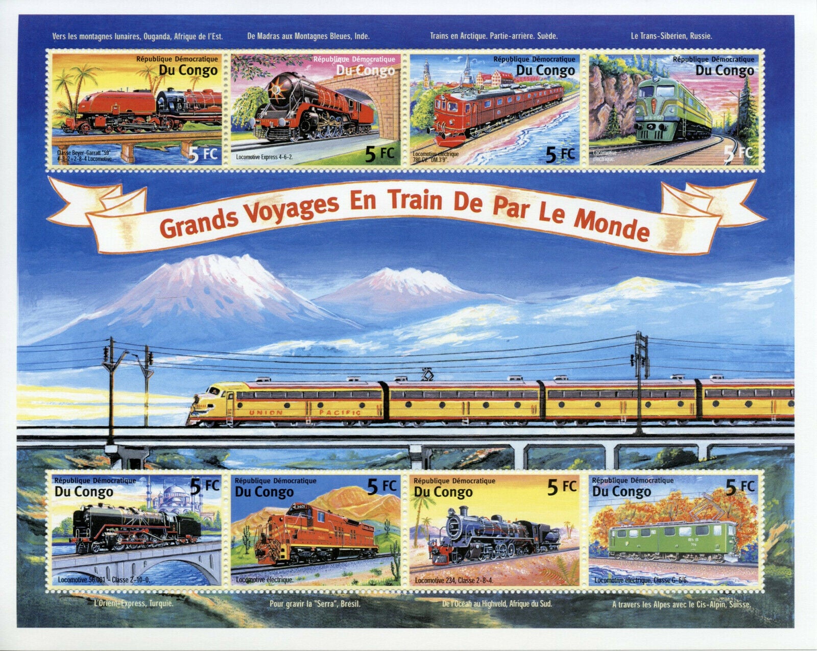 Congo Trains Stamps 2001 MNH Steam Engines Locomotives Railways Rail 8v M/S