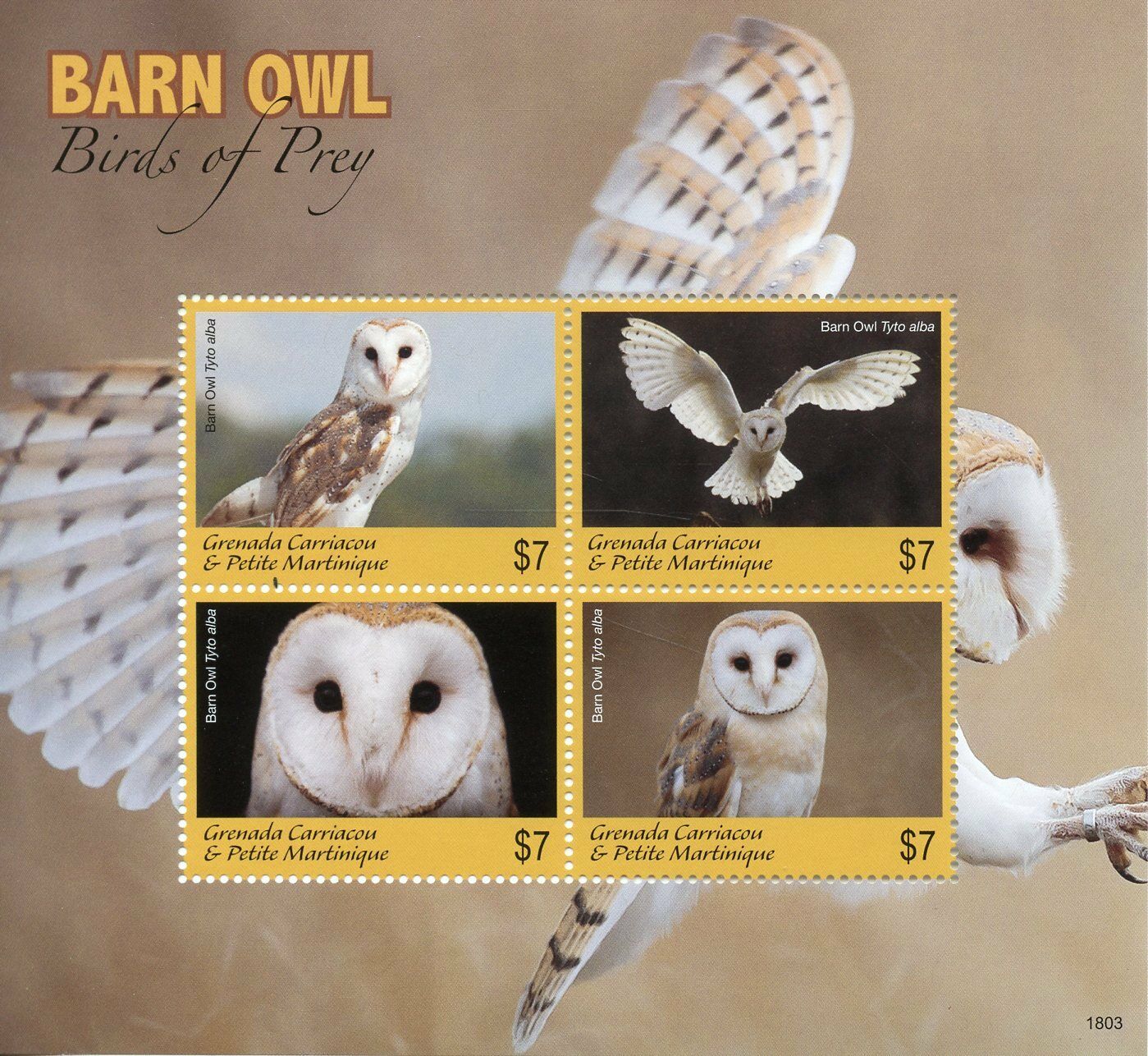 Grenadines of Grenada  2018 MNH Birds of Prey on Stamps Barn Owl Owls 4v M/S
