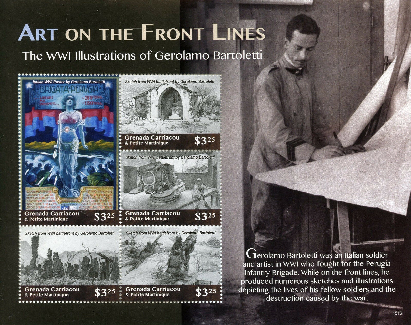 Grenada Grenadines 2015 MNH WWI WW1 Art Gerolamo Bartoletti 5v M/S War Stamps