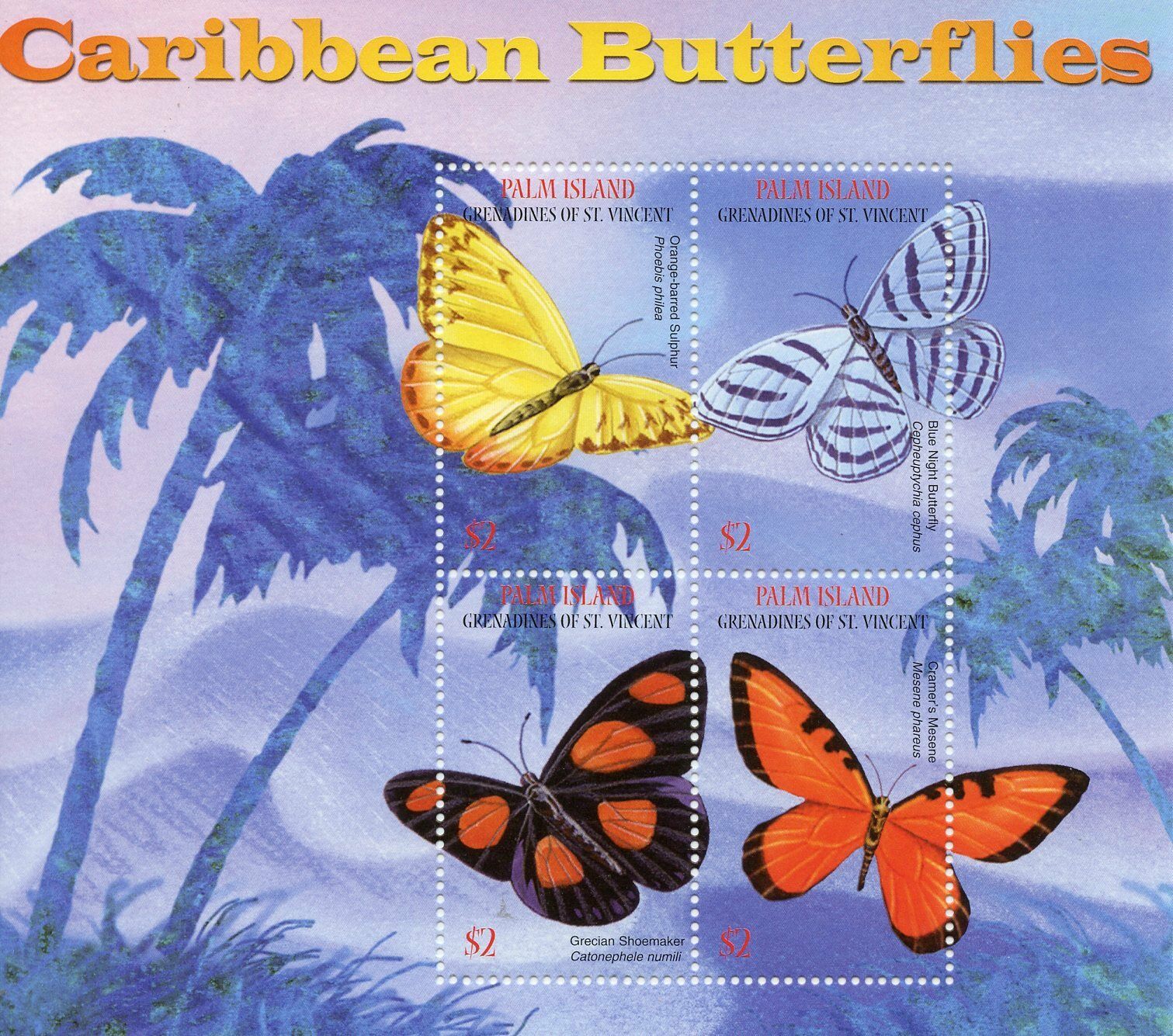 Palm Island Gren St Vincent 2003 MNH Butterflies Stamps Caribbean Butterflies 4v M/S