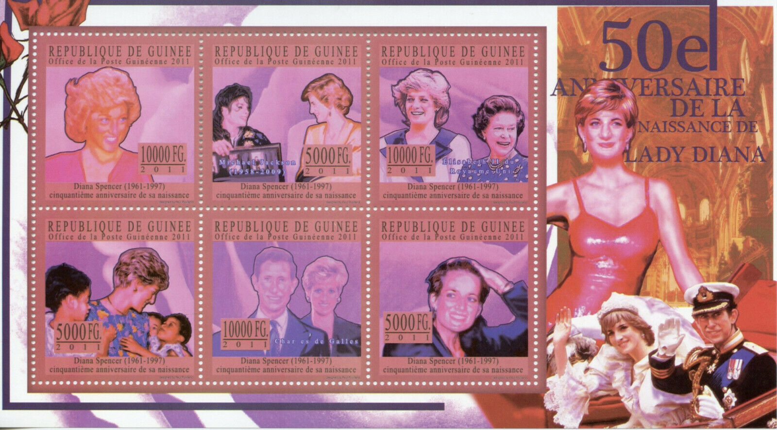 Guinea Royalty Stamps 2011 MNH Princess Diana Michael Jackson Charles 6v M/S I