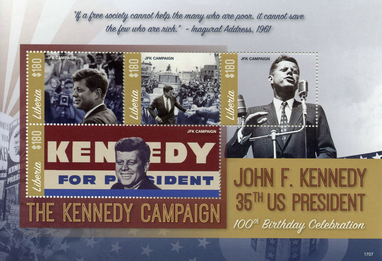 Liberia JFK Stamps 2017 MNH John F Kennedy 100th Birthday US Presidents 4v M/S I