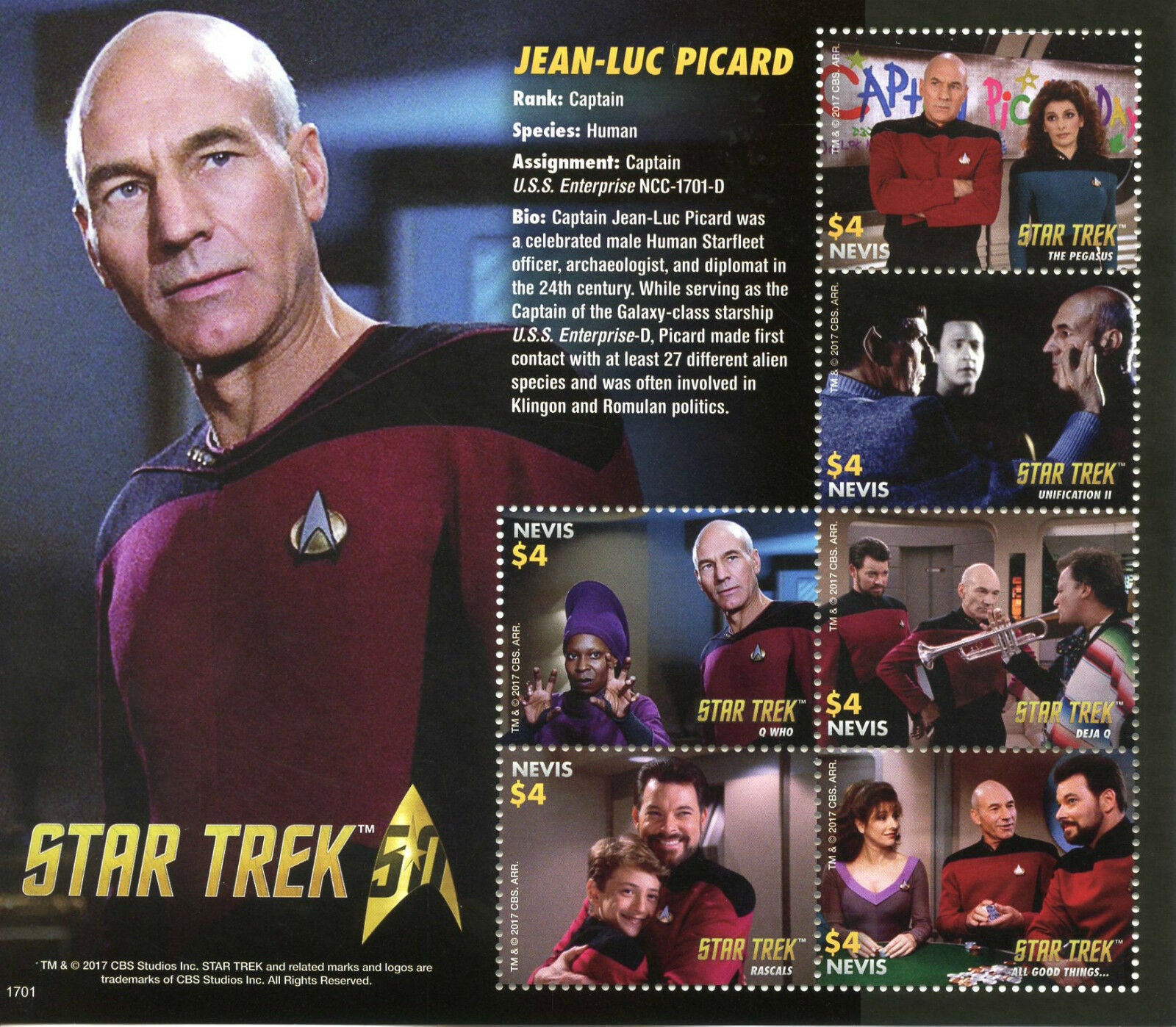 Nevis 2017 MNH Star Trek 50th Ann Jean-Luc Picard Next Generation 6v M/S Stamps