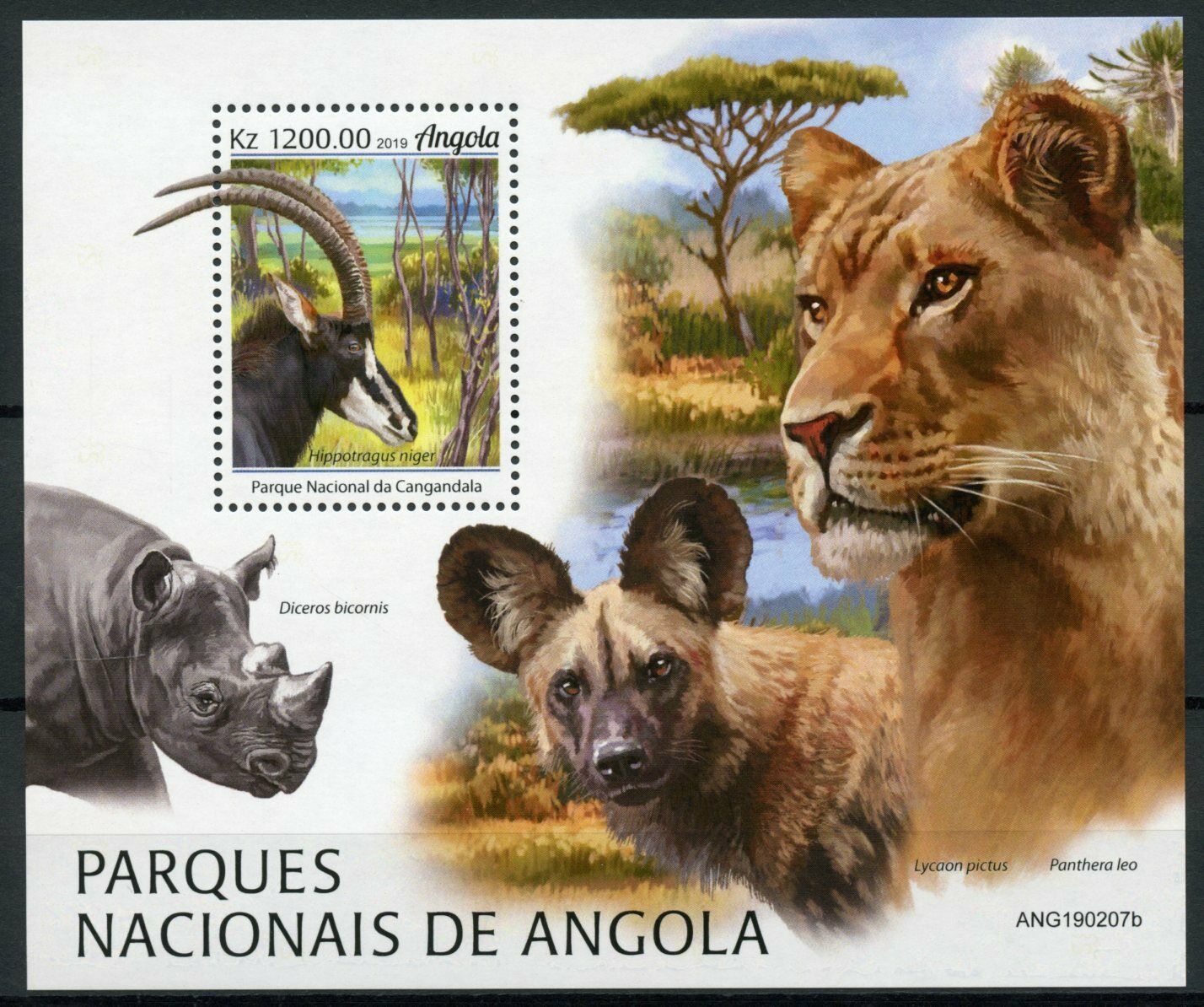 Angola 2019 MNH Wild Animals Stamps National Parks Lions Rhinos Antelopes 1v M/S