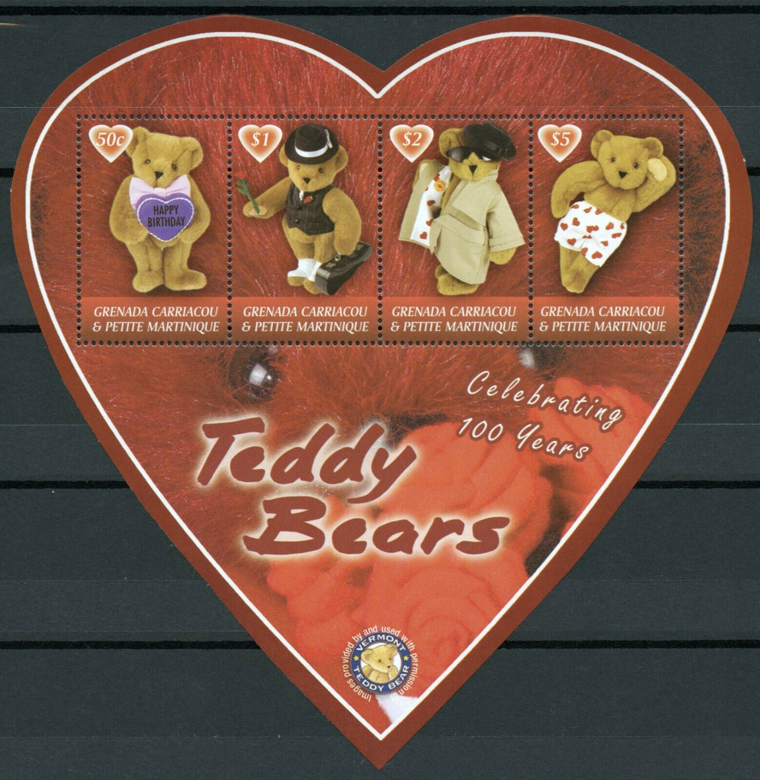 Grenadines Grenada 2002 MNH Teddy Bears Stamps 100th Anniv Heart Shaped 4v M/S