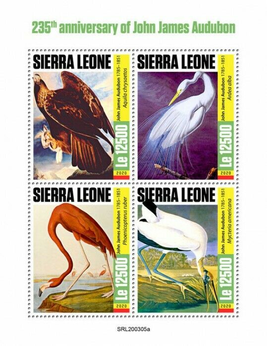 Sierra Leone Birds on Stamps 2020 MNH John James Audubon Ornithologist Art 4v MS