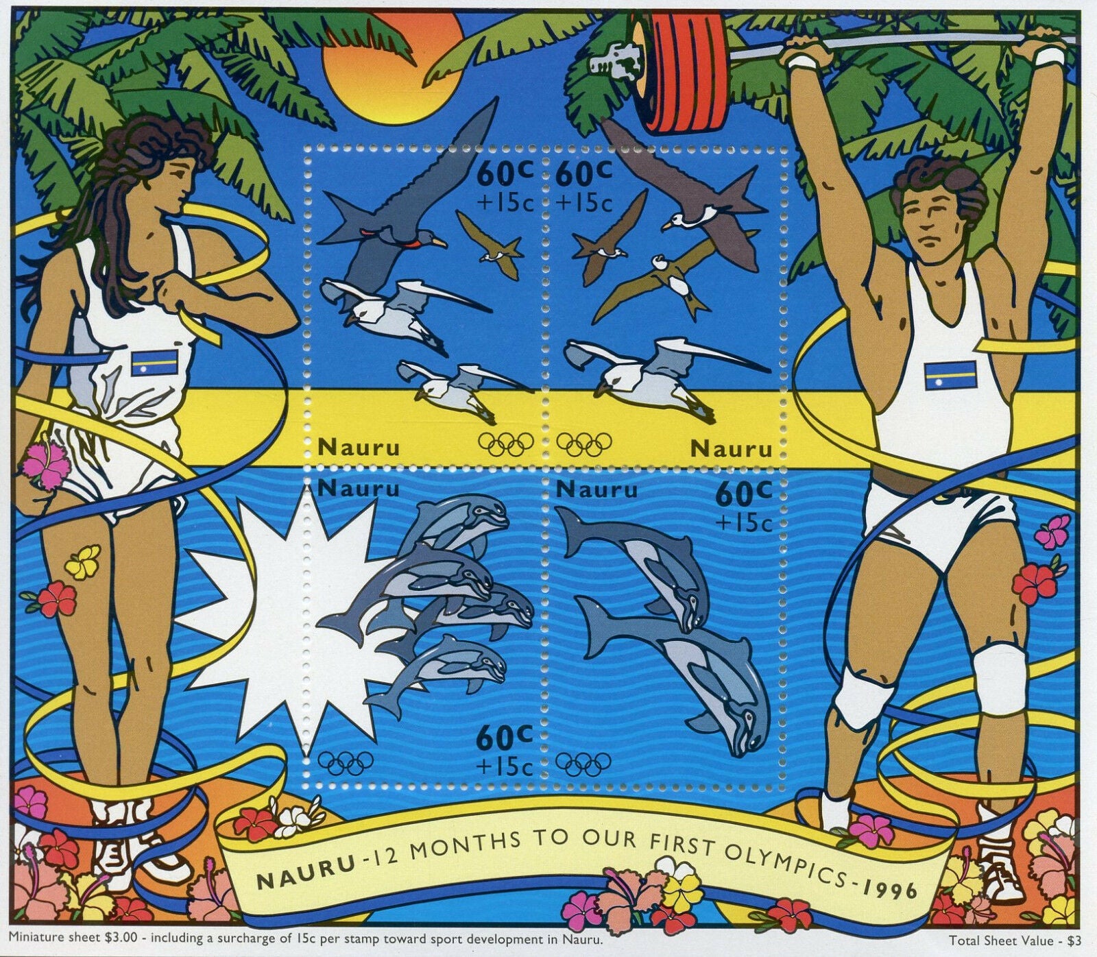 Nauru 1995 MNH First Olympics 1996 4v M/S Dolphins Gulls Birds Stamps
