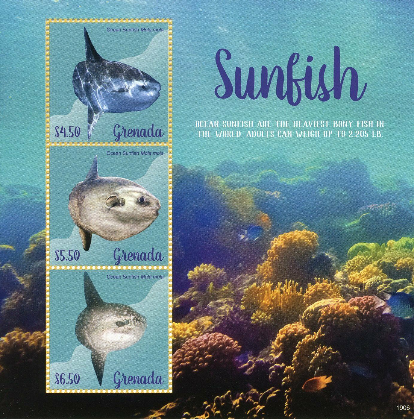 Grenada 2019 MNH Fish Stamps Ocean Sunfish Corals Fishes Marine 3v M/S