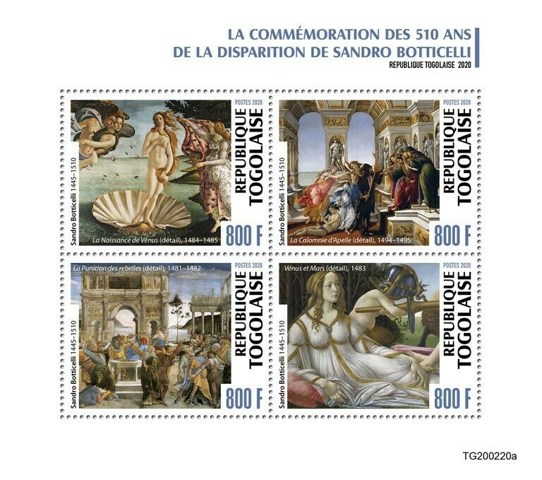 Togo Art Stamps 2020 MNH Sandro Botticelli Birth of Venus Nudes Paintings 4v M/S