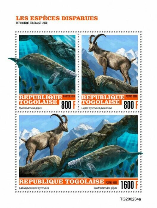Togo Wild Animals Stamps 2020 MNH Extinct Species Sea Cow Ibex Fauna 3v M/S