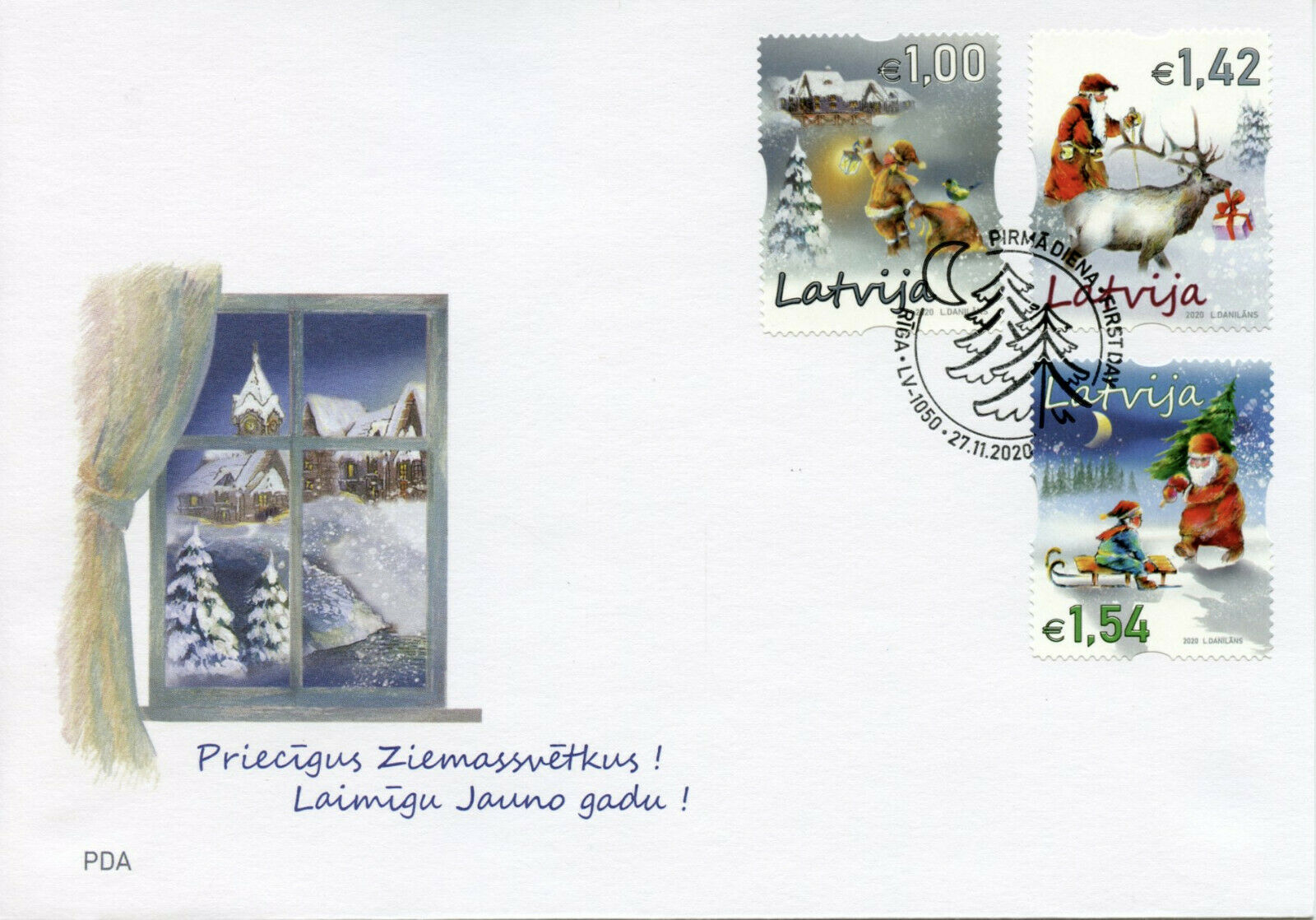 Latvia Christmas Stamps 2020 FDC Father Christmas Trees Santa Reindeer 3v SA Set